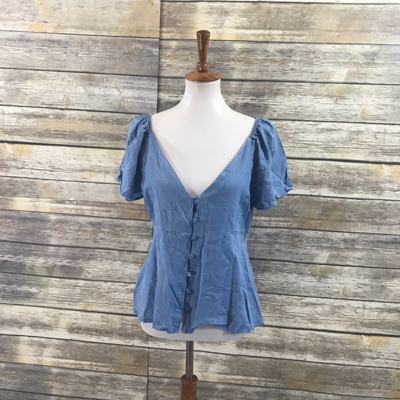 NWT Zara Chambray V Neck Button Down Flowing Top - Picture 6 of 7